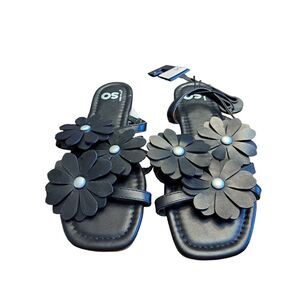 SO Flat Sandals 6M Women's Floral Daisy Black Open‎ Toe
